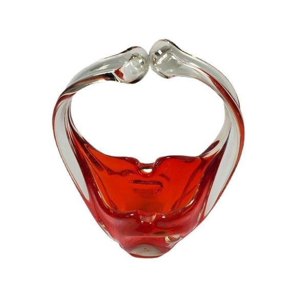 Vintage Red Orange Art Glass Basket 7" Tall Trinket Jewelry Keys Flower Abstract - Picture 5 of 6